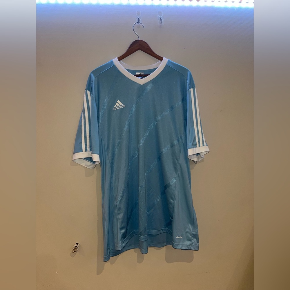 Oversized light blue Adidas soccer jersey